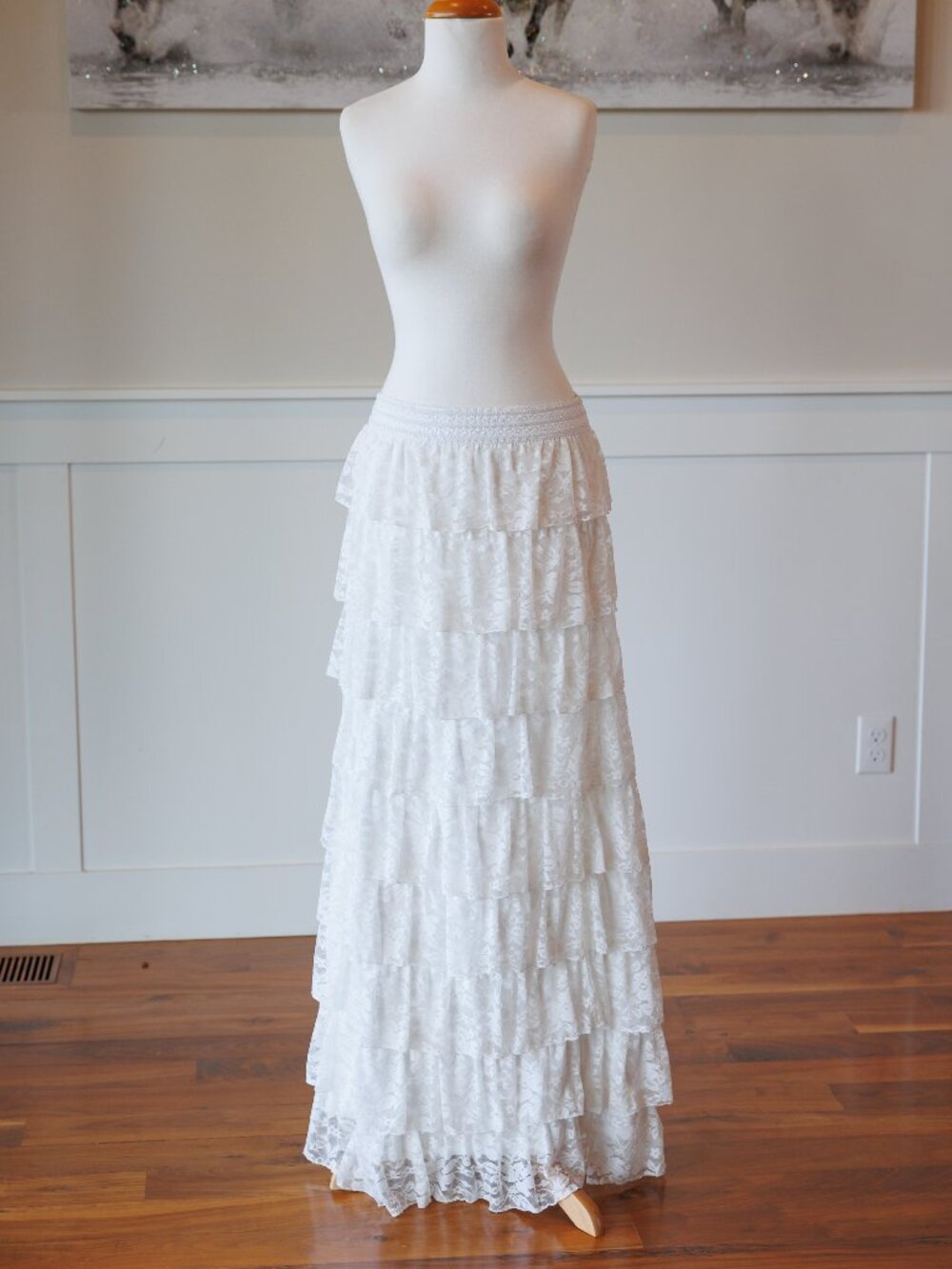 White Long tiered maxi skirt, bohemian fashion layered lace skirt, size s/m